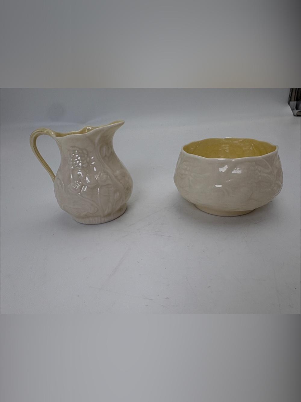 Vintage Belleek “Lotus” Pattern Cream Pitcher and Open Sugar Bowl Set
